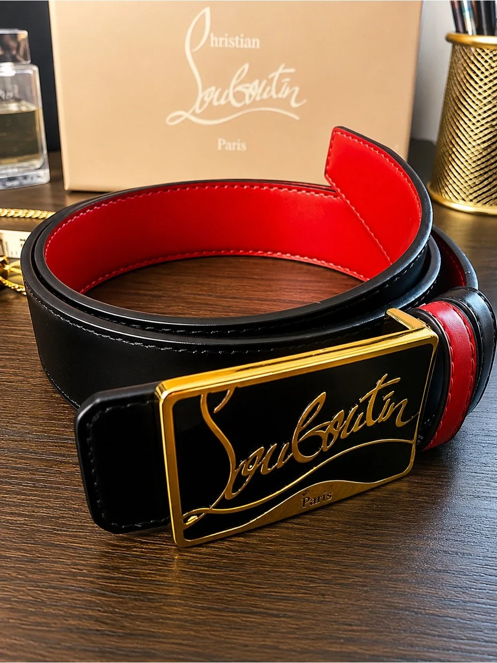 LUX Black Leather Belt with Red Interior and Gold Logo Buckle - Picture 1 of 7